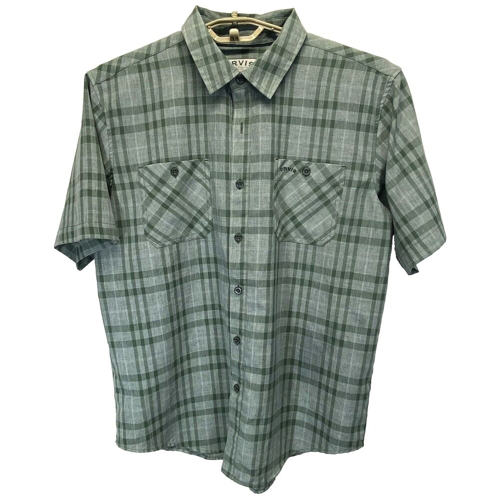 Orvis Men' Shirt L Gree Classic Collection Polyester Plaid Short Sleeve Collared